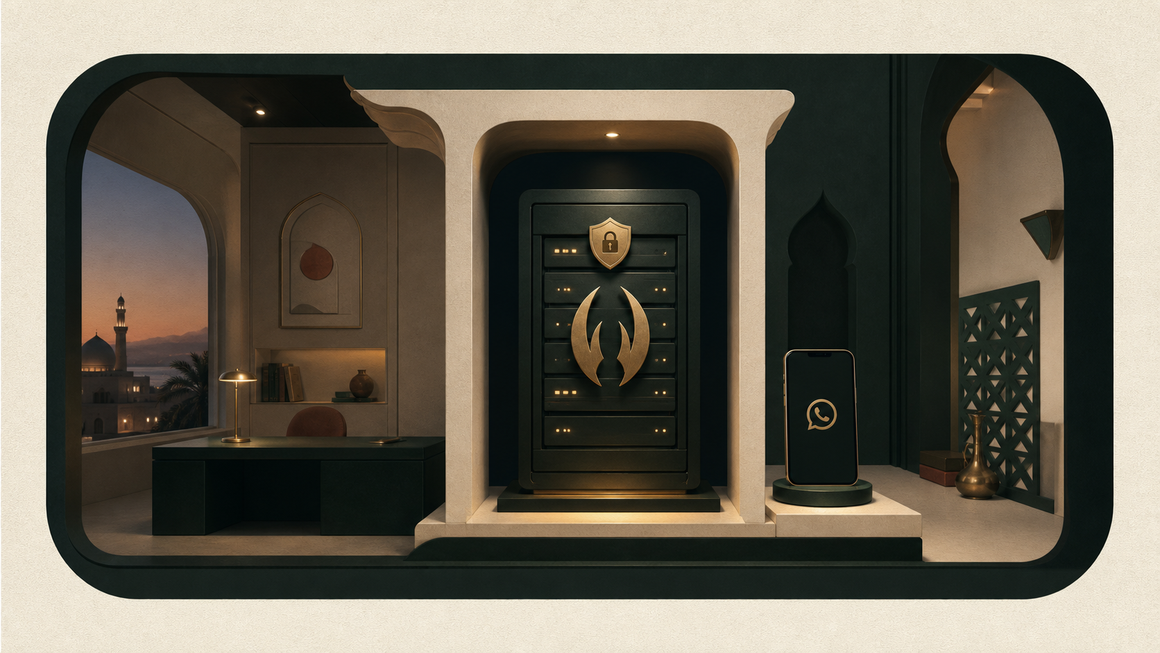 An editorial illustration of one isolated OpenClaw installation secured for a MyKatib client
